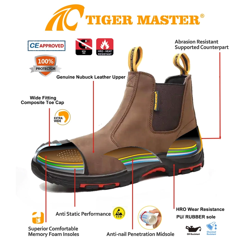 China TM117 Botas de segurança industrial masculinas de couro marrom com biqueira composta de óleo fabricante