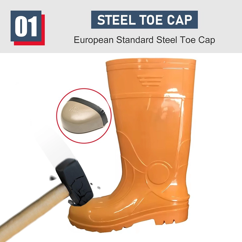 Chine GB07-6 Bottes de pluie de sécurité en PVC brillant antidérapant imperméable orange avec embout en acier fabricant