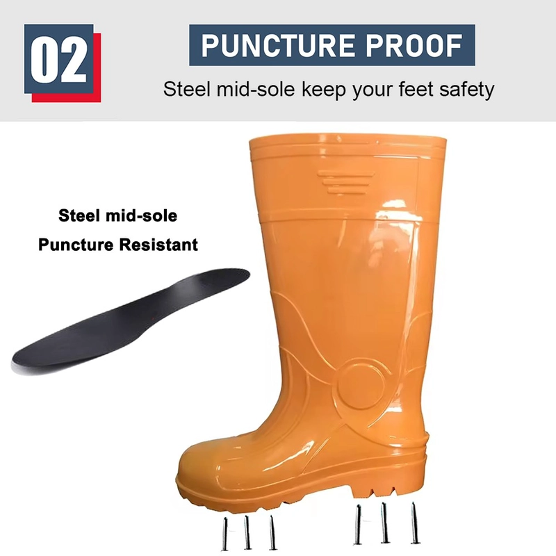 Chine GB07-6 Bottes de pluie de sécurité en PVC brillant antidérapant imperméable orange avec embout en acier fabricant