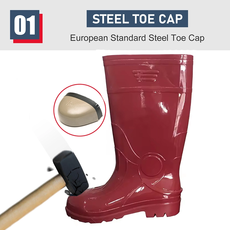 China GB07-7 Knee high waterproof anti slip steel toe red glitter pvc safety rain boots men manufacturer
