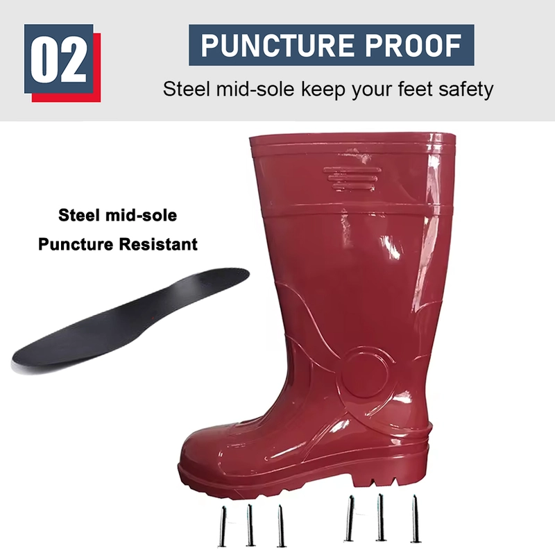 China GB07-7 Knee high waterproof anti slip steel toe red glitter pvc safety rain boots men manufacturer