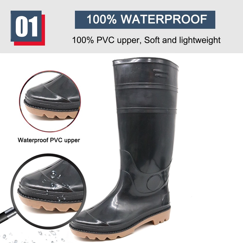 Chine GB03A bottes de pluie hautes en pvc imperméables antidérapantes noires non sécuritaires fabricant