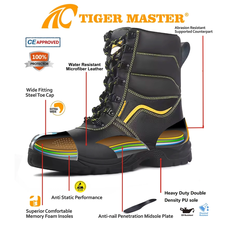 China TM3222 high-top steel toe anti puncture leather safety shoes for construction manufacturer