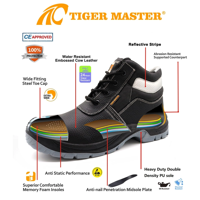 China TM3233 Sapatos de segurança de construção anti-furos com biqueira de aço preto para homens fabricante