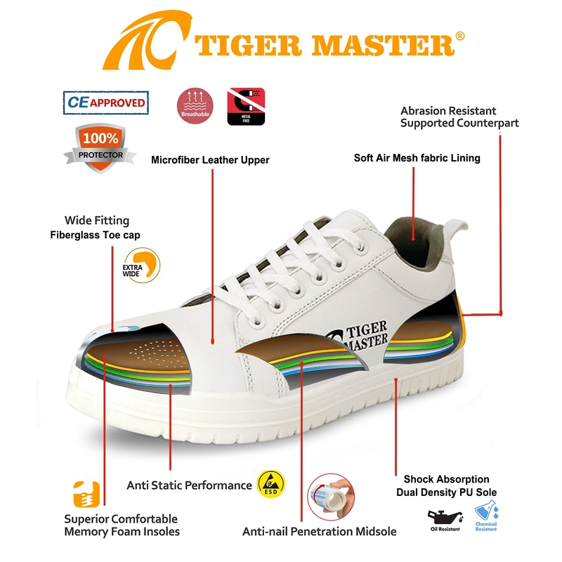 porcelana TM2003 Zapatos de seguridad de cocina antipinchazos con punta de fibra de vidrio blanca fabricante