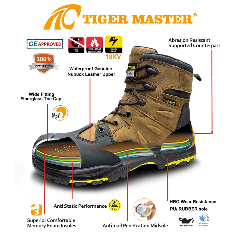 China TM134 Botas de segurança elétricas impermeáveis ​​com biqueira de fibra de vidro antifuro fabricante