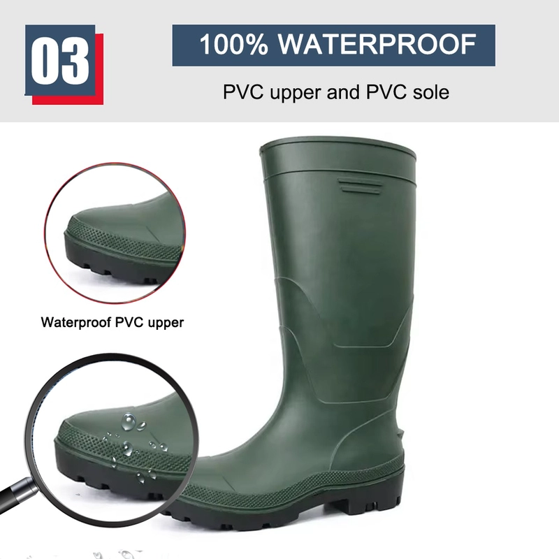 China GB20 Green Long Lightweight Pvc Safety Rain Gumboots for Work manufacturer