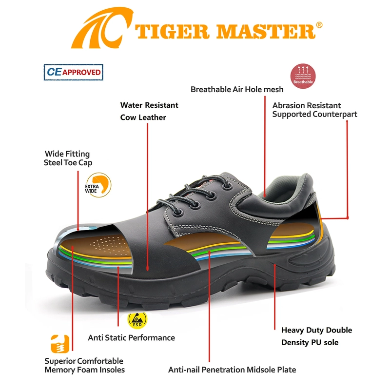 porcelana TM010 Zapatos de trabajo de construcción de cuero negro con entornos de acero de acero de acero fabricante