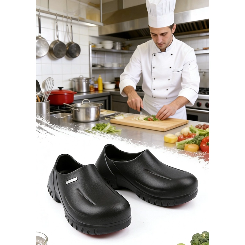 China TM3993 Rutschfeste, schwarze, wasserdichte Eva-Küchenchef-Sicherheitsschuhe mit Stahlkappe Hersteller