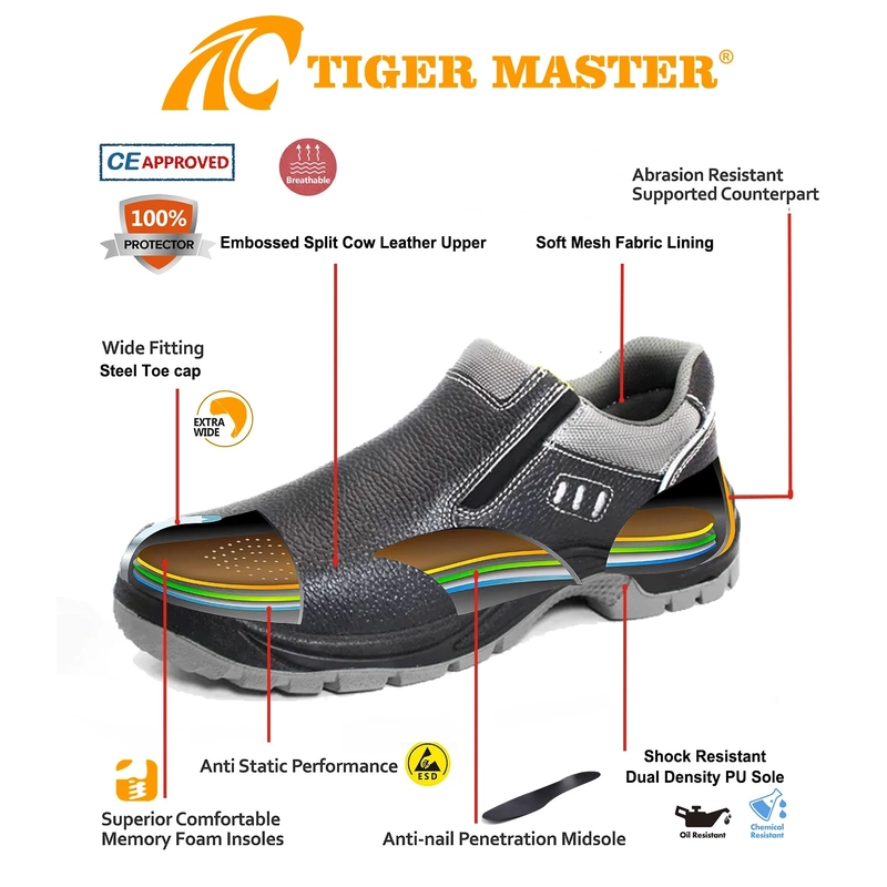 Cina TM3405 Scarpe da lavoro in pelle nera antiforatura con punta in acciaio antiscivolo con cerniera produttore