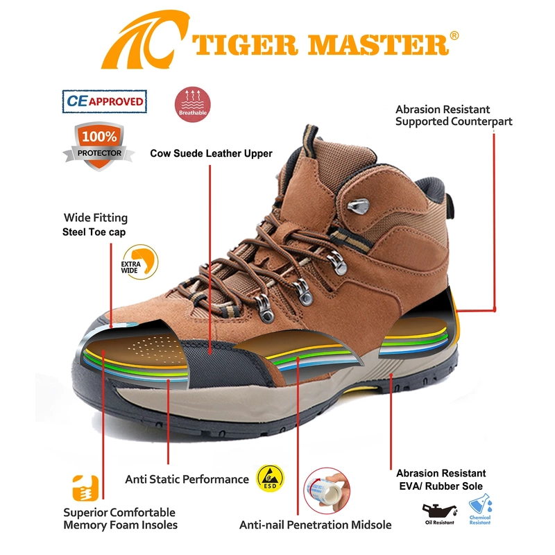 Cina TM3442 Scarpe antinfortunistiche da uomo in pelle scamosciata marrone con punta in acciaio e suola in gomma EVA antiperforazione produttore
