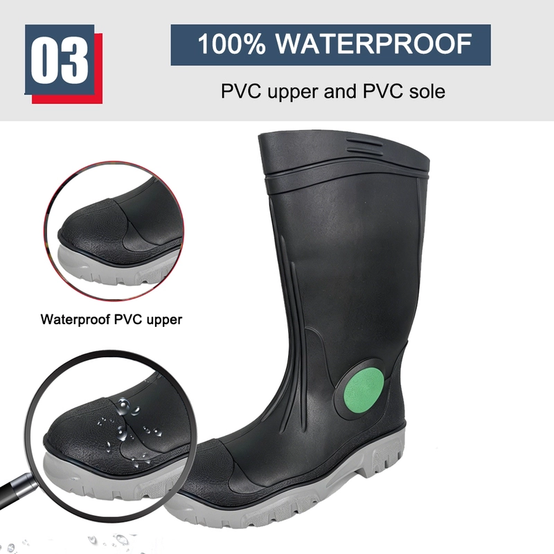 China GB39 Hoge kwaliteit waterdichte stalen neus anti-lek PVC veiligheidsregenlaarzen zwart fabrikant
