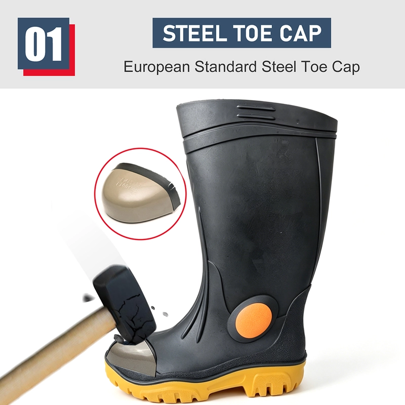 porcelana Botas de lluvia de seguridad de PVC negro con suela media de acero, resistente al agua, con punta de acero, GB39, con logotipo fabricante