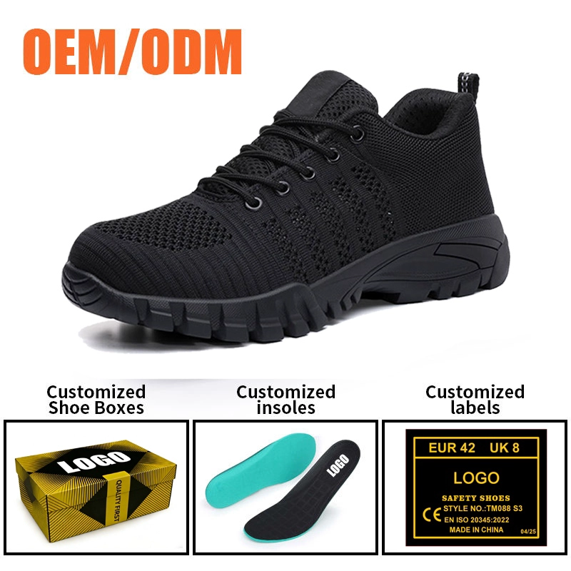 China TM3488 Sapatos de Segurança Esportivos Pretos Biqueira de Aço Antifuro Sola de Borracha Antiderrapante fabricante