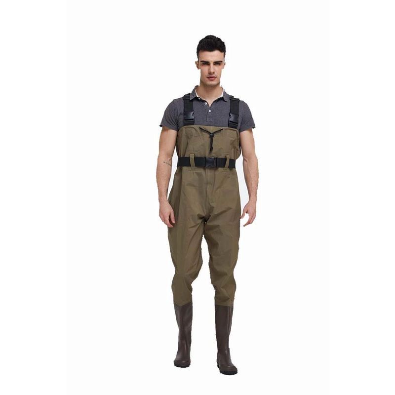 porcelana CW004 Hombre nylon PVC pescadores waders a prueba de agua en el pecho con botas de seguridad de pvc fabricante