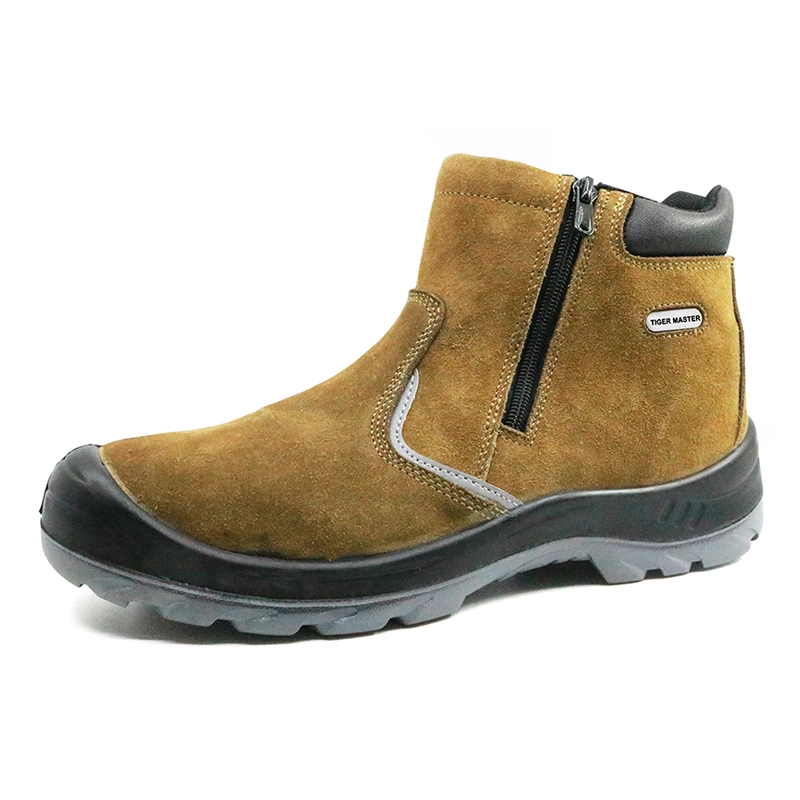 China SJ0197 suede leather rubber out sole slip resistant no lace safety shoes with zipper manufacturer