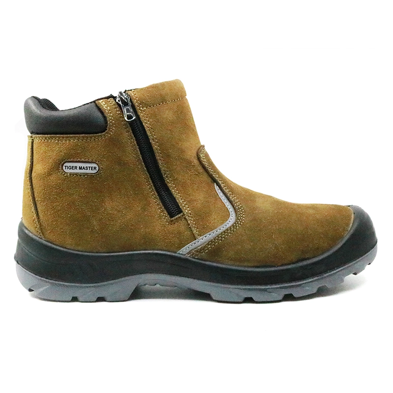 China SJ0197 suede leather rubber out sole slip resistant no lace safety shoes with zipper manufacturer
