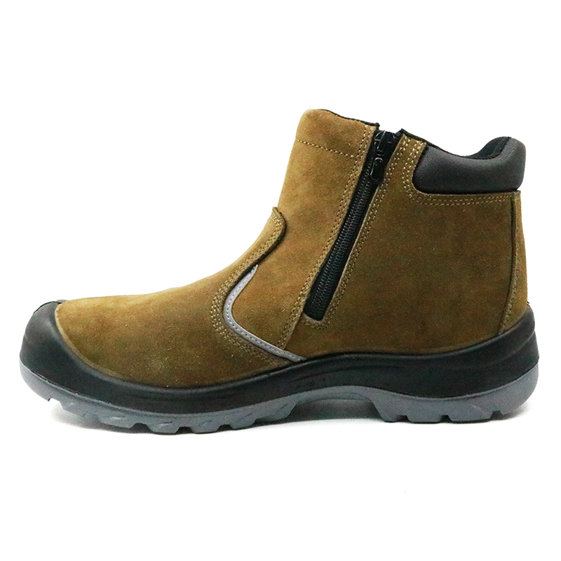 China SJ0197 suede leather rubber out sole slip resistant no lace safety shoes with zipper manufacturer