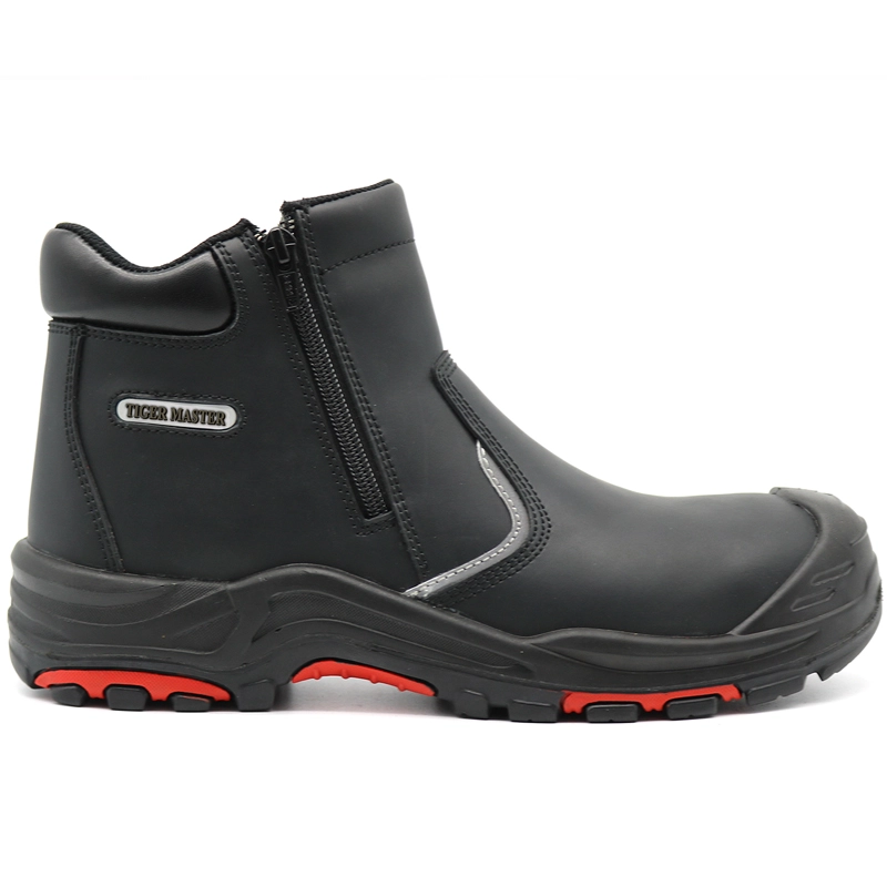 China TM7004 black leather oil water resistant steel toe prevent puncture men safety shoes without lace manufacturer