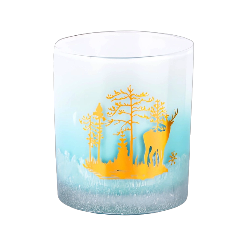 Vendita all'ingrosso di barattoli di candele in vetro blu cielo sfumato con applique natalizie personalizzate