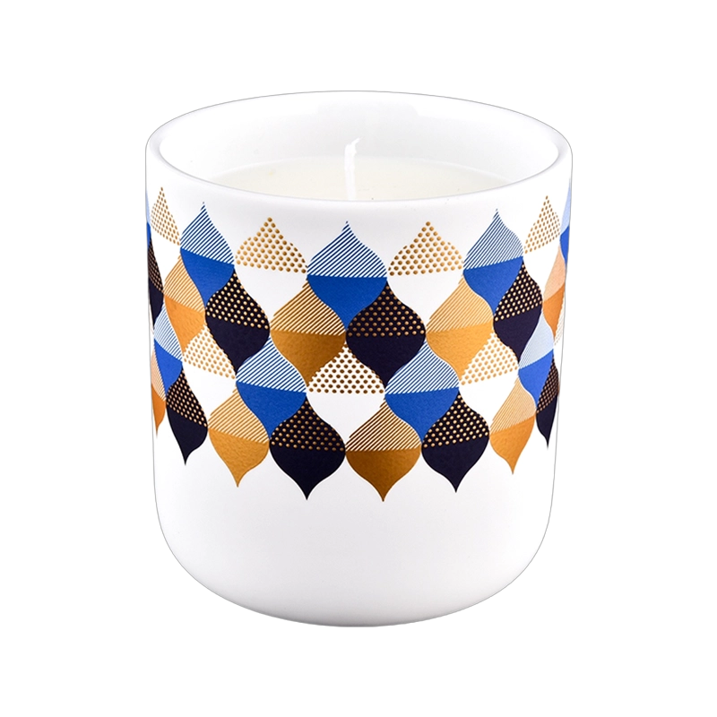 Modern custom 427ml multi-color geometric pattern rubber paint ceramic candle holder