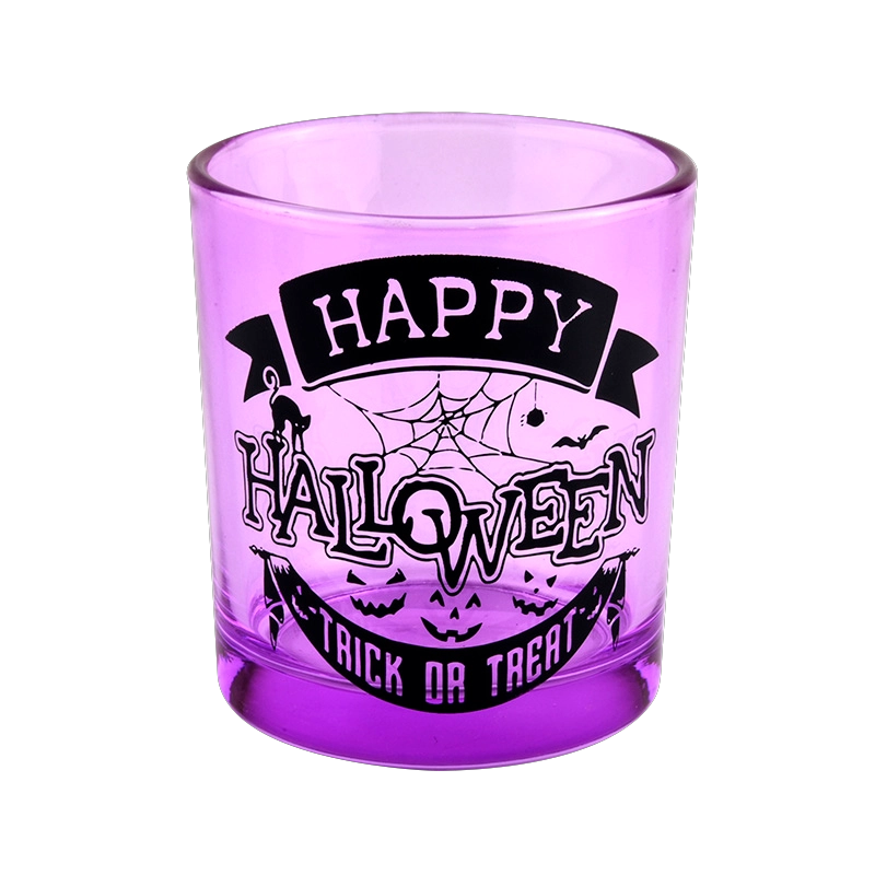 Decorazione per le vacanze di Halloween, vaso per candele in vetro viola, scritte nere, graffiti utilizzati per realizzare candele