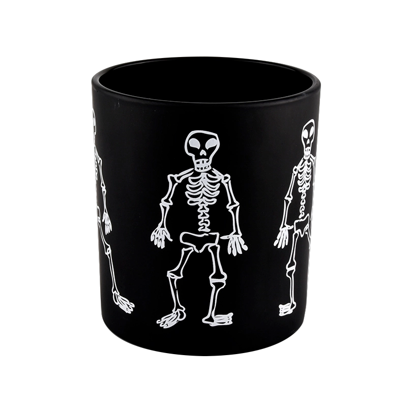 ハロウィンスカルデザインのガラスキャンドルジャーを備えた卸売ブラックガラスキャンドルジャー