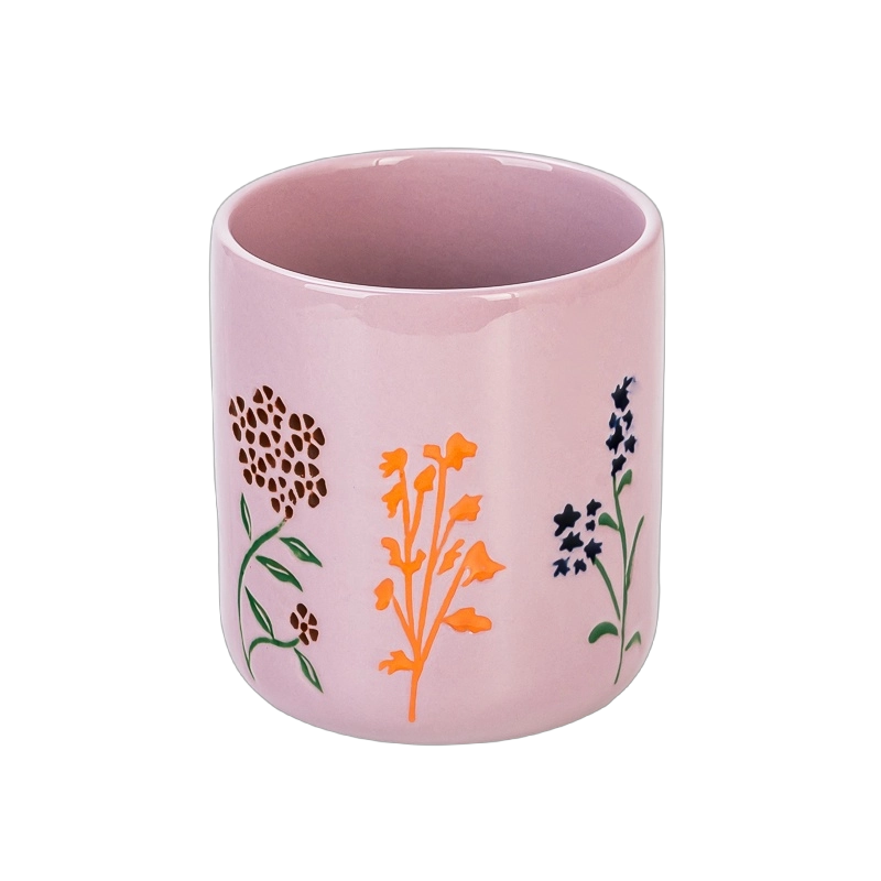Tarros de velas de cerámica con relieve de flores silvestres de color rosa polvoriento al por mayor