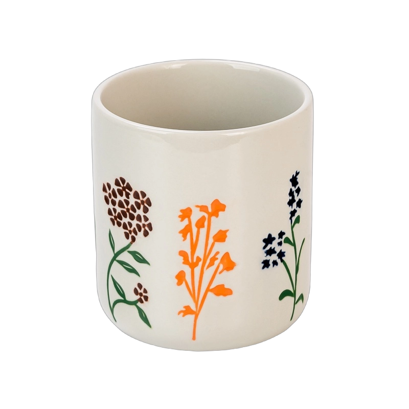 Wholesale Cream White Embossed Wildflower Ceramic Candle Jars