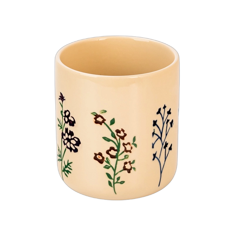 Pakyawan na Kulay ng Cream na Pininturahan ng Kamay na Botanical Ceramic Candle Jar