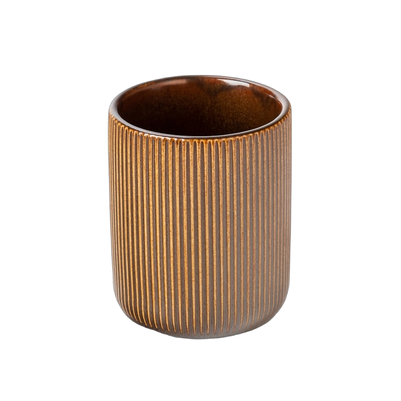Pot de bougie en céramique nervuré vertical brun caramel en gros