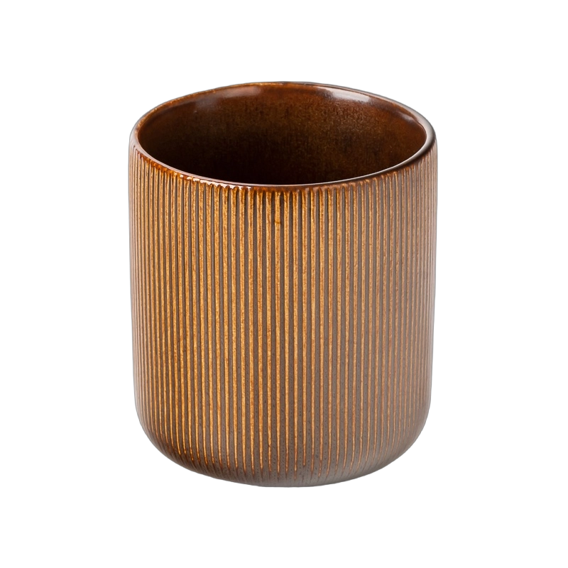 Pot de bougie en céramique nervurée verticale marron caramel de 460 ml