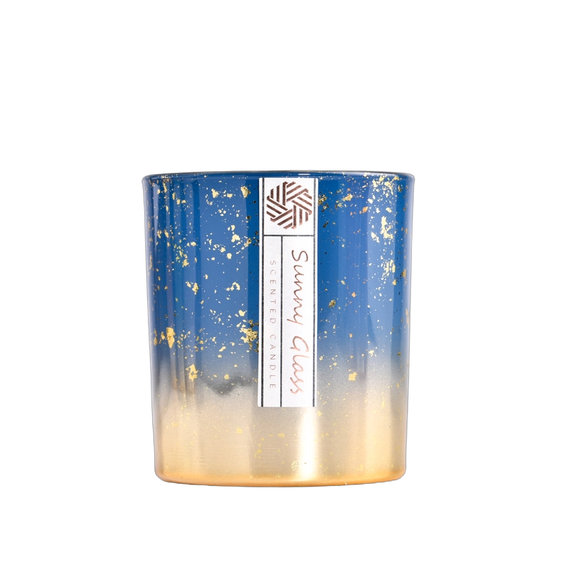Kundenspezifischer Kerzenhalter aus Glas mit blauem Farbverlauf, dekoratives Kerzengefäß