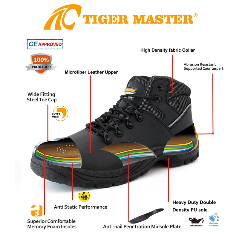 China TM087 Black steel toe anti puncture industrial safety boots manufacturer
