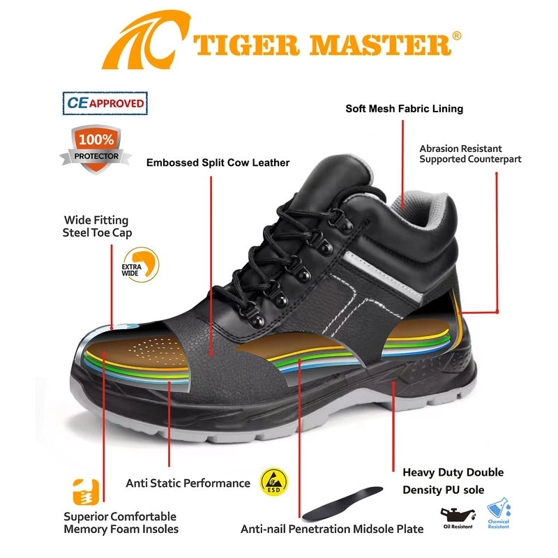 Chine TM3329 en acier toe en acier mi-semelle de sécurité en cuir pour les travailleurs de la construction fabricant