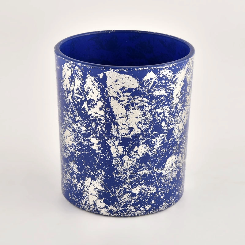 Customization white printing dust with blue glass vessels for candles supplier Customization white printing dust with blue glass vessels for candles supplier