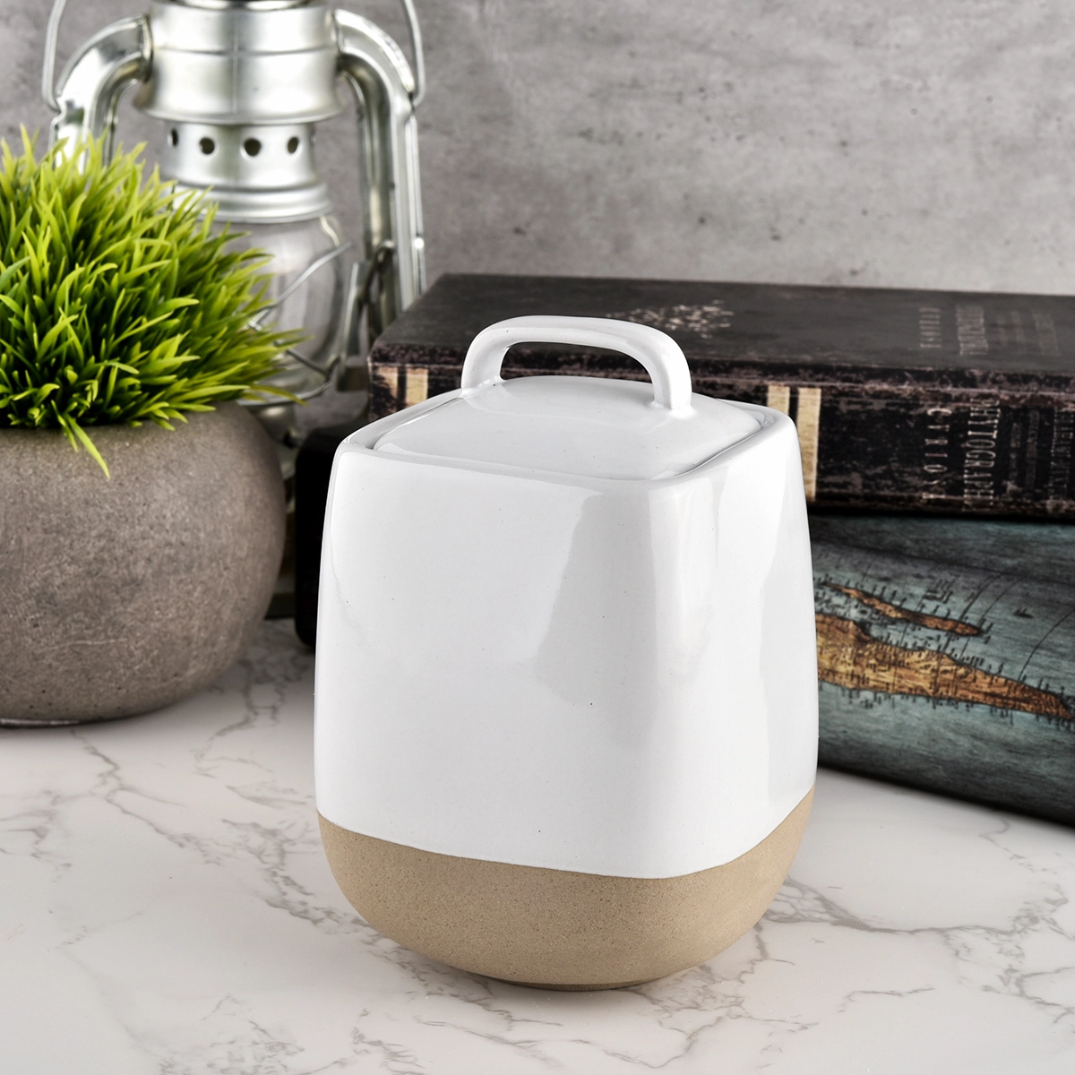 520ml glossy white ceramic vessel with square lid wholesale