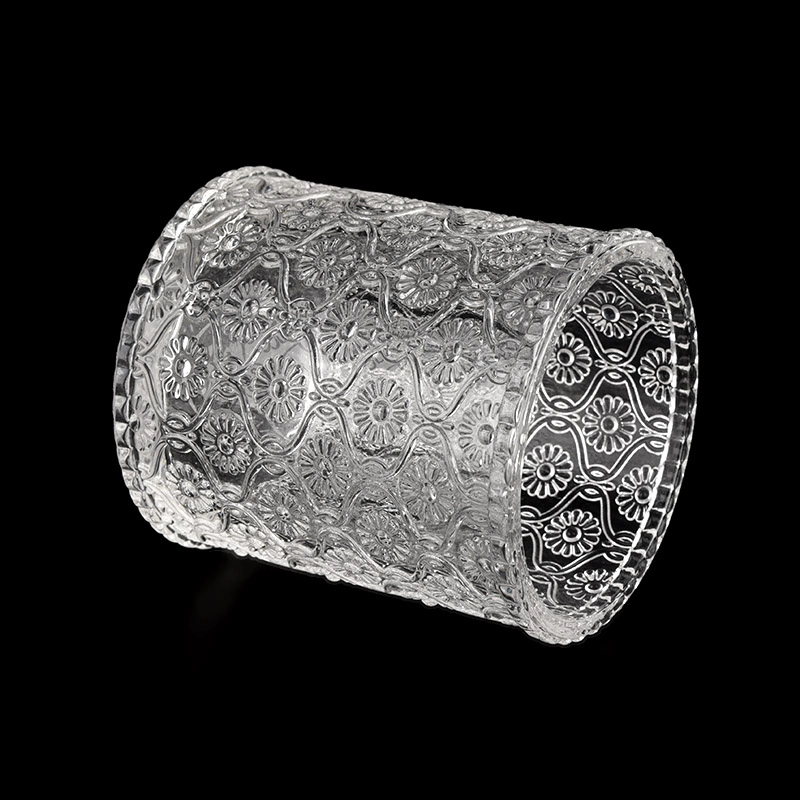 Embossed Glass Candle Jar with Glass Lids Wholesale