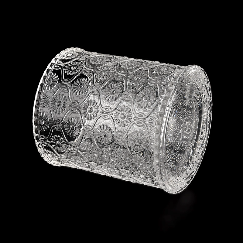 Embossed Glass Candle Jar with Glass Lids Wholesale