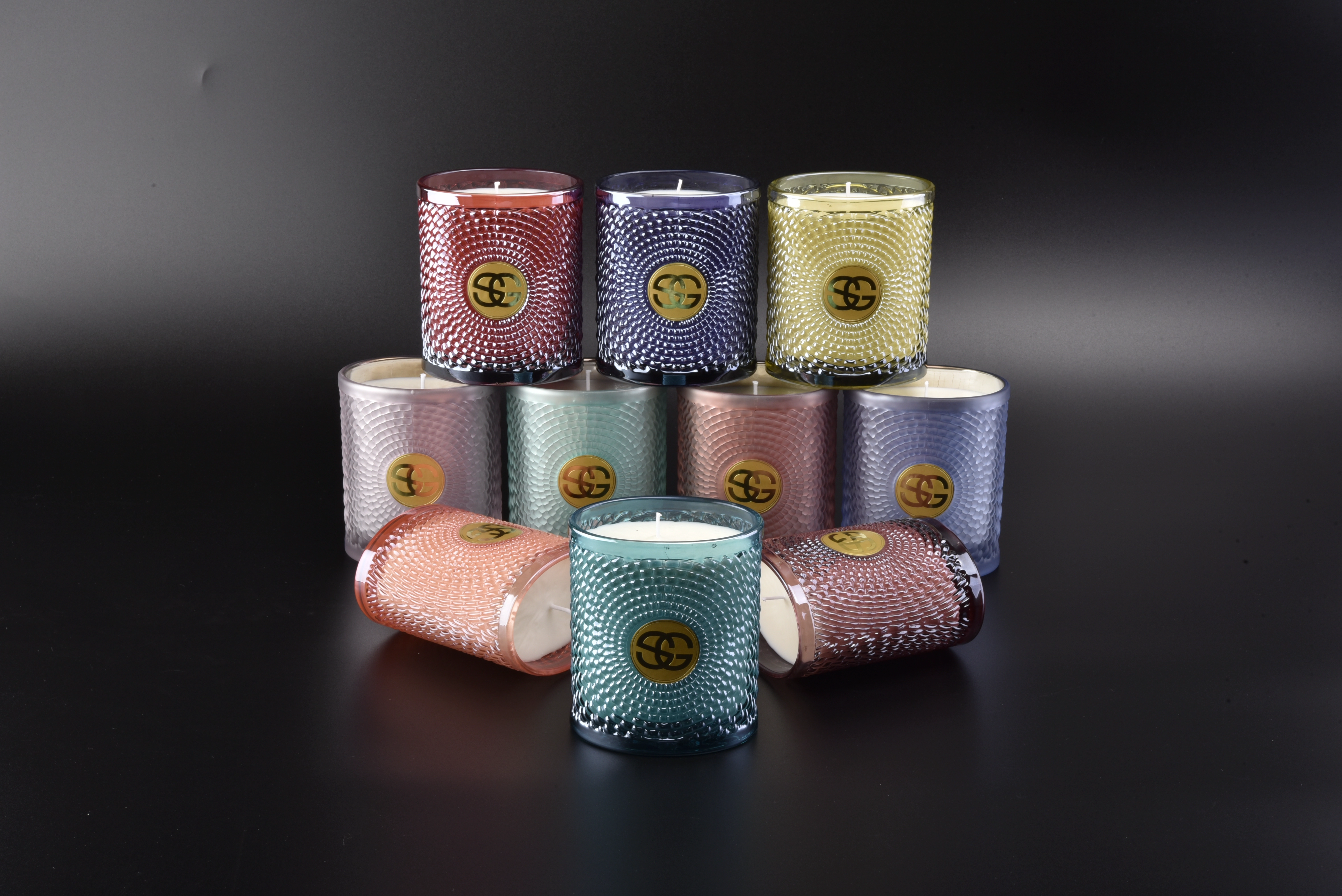 Newly designed glass candle containers oval shaped halo pattern for home decor