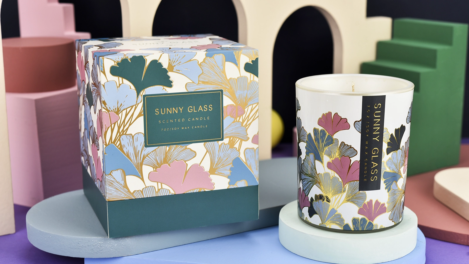 Wholesale gingko leaf pattern glass candle holder with packaging box