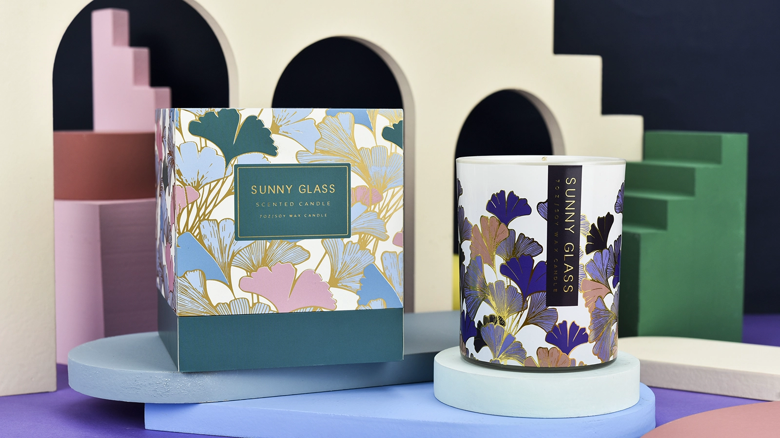 Luxury purple ginkgo leaf glass candle jar with colorful hand-crafted decals