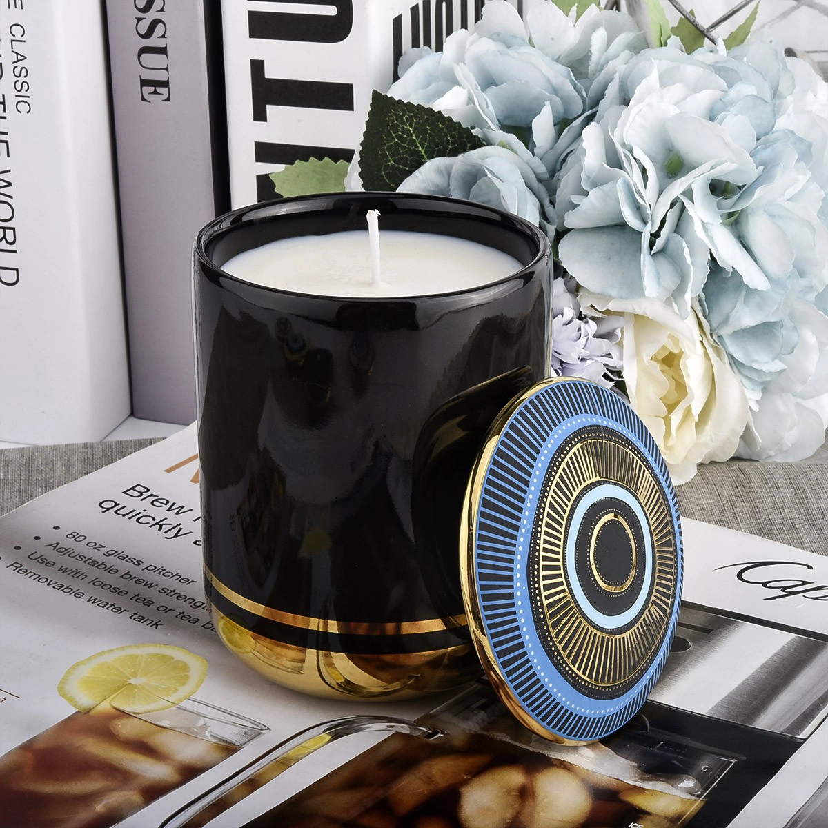 Customized geometric pattern ceramic candle holder with lid Customized geometric pattern ceramic candle holder with lid
