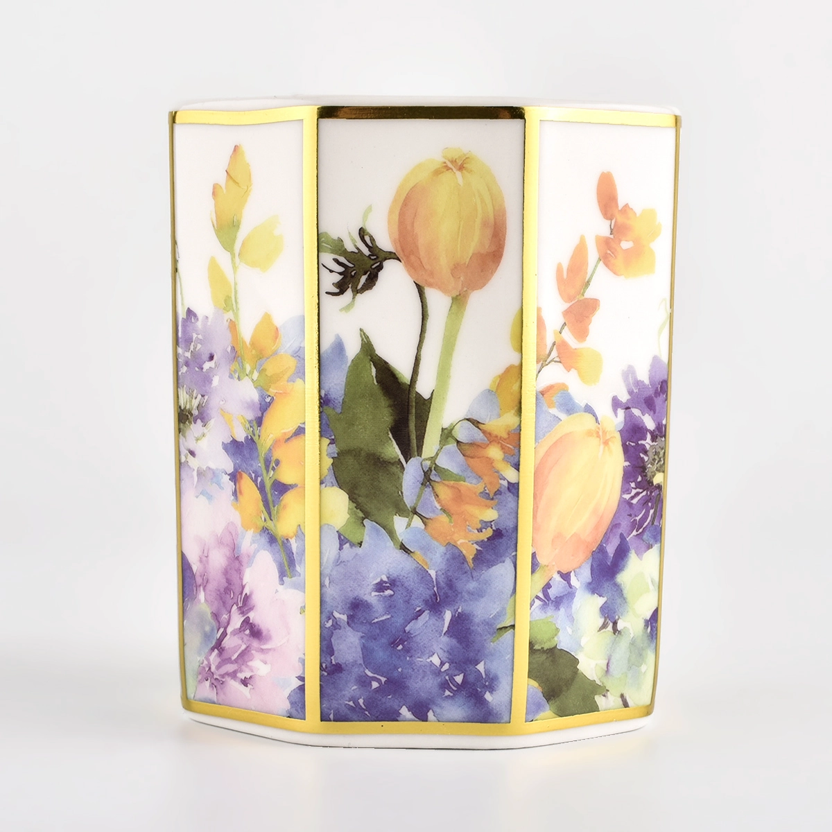 Customized Pattern Hexagonal Candle Jar Hexagonal Ceramic Candle Vessel