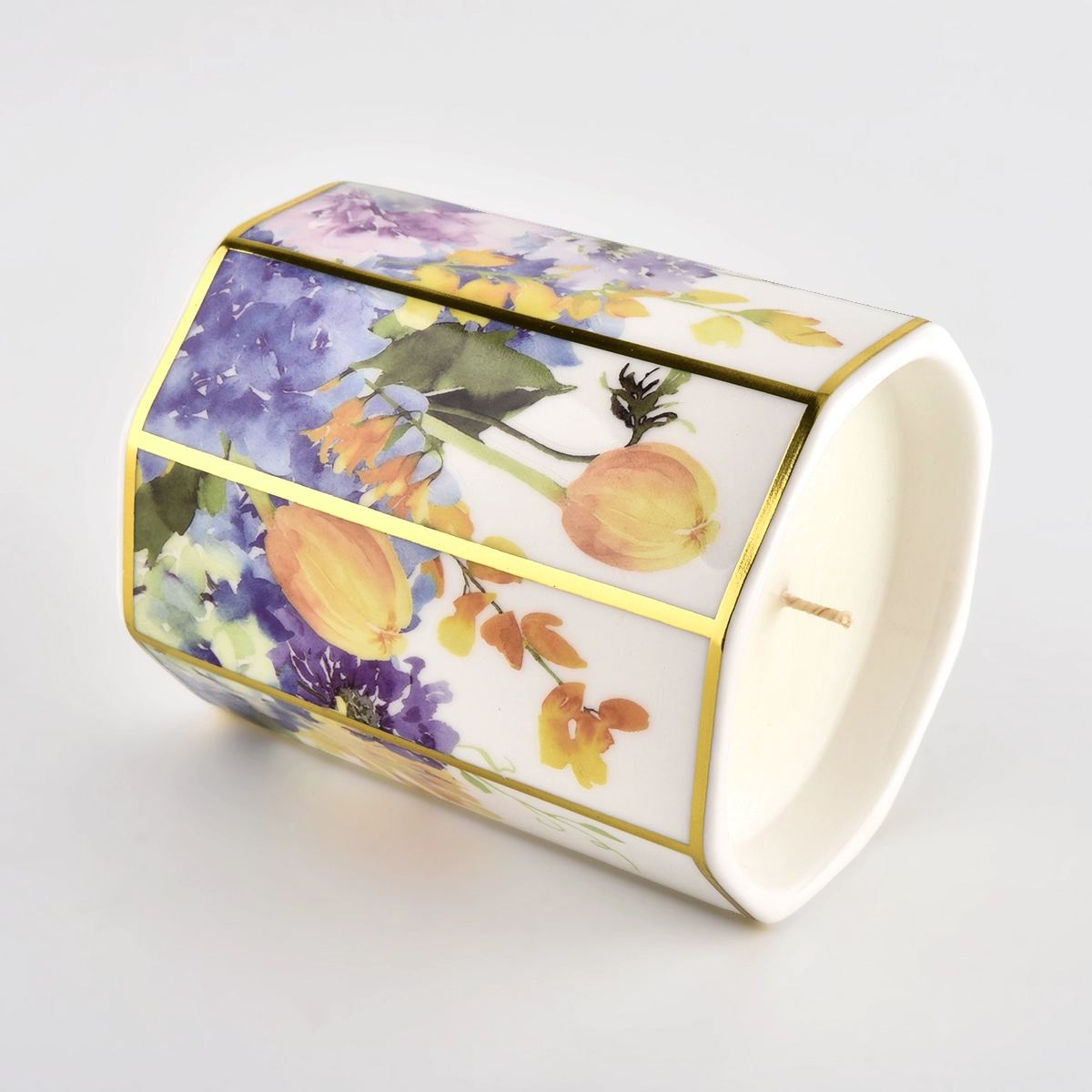 Customized Pattern Hexagonal Candle Jar Hexagonal Ceramic Candle Vessel