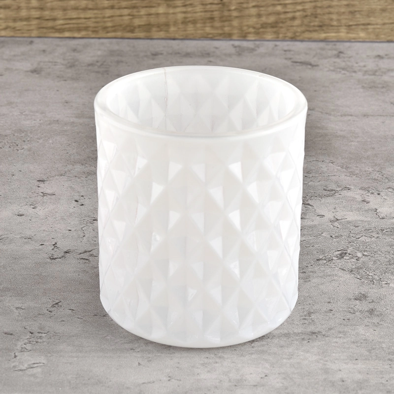 300ml glossy white glass candle vessel with diamond pattern wholesale