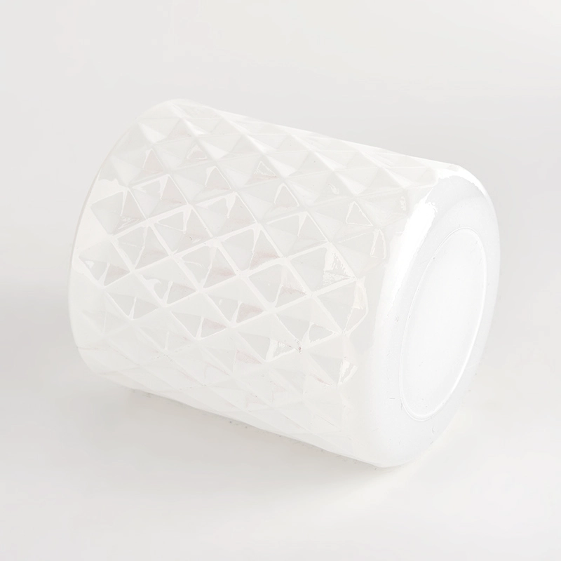 300ml glossy white glass candle vessel with diamond pattern wholesale