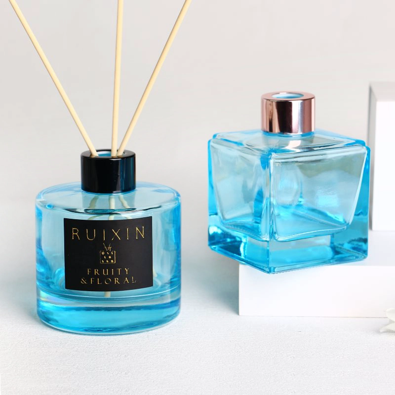 Square Light Blue Glass Diffuser Bottles with Labels and Caps