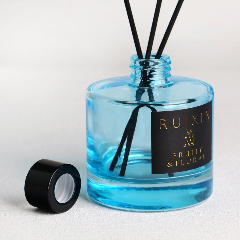 Square Light Blue Glass Diffuser Bottles with Labels and Caps