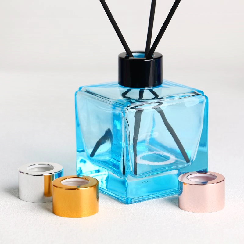 Square Light Blue Glass Diffuser Bottles with Labels and Caps